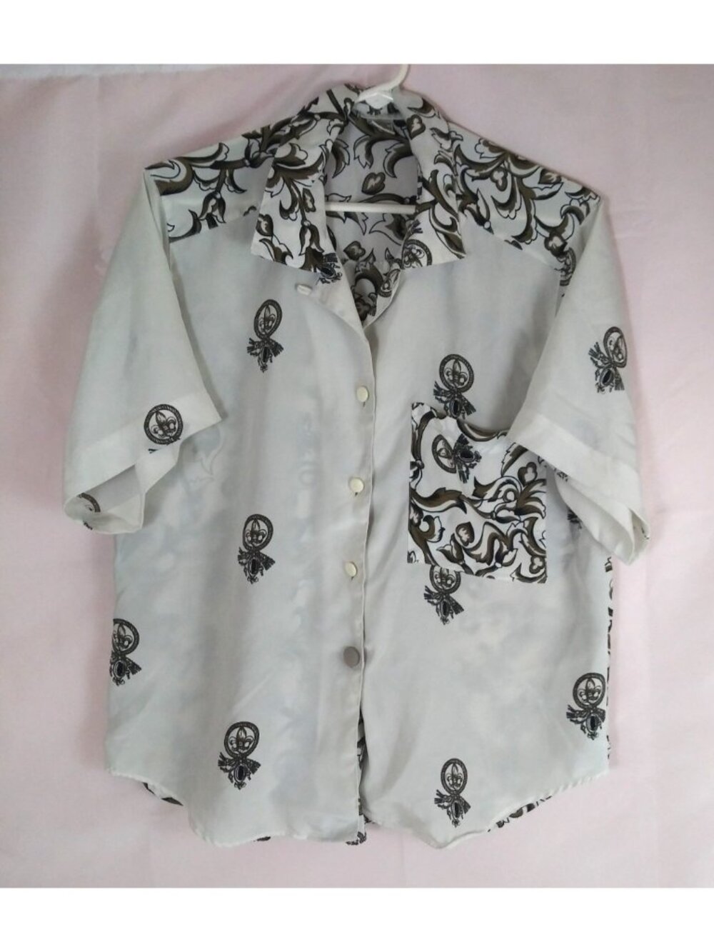 Vintage Nicola Women's Collared Floral Roped Fleur De Lis Design Blouse Small